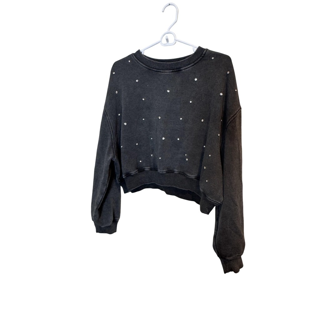 Lazy Sunday Sweatshirt Womens Large Gray‎ Rhinestone Cropped Fleece Pullover
